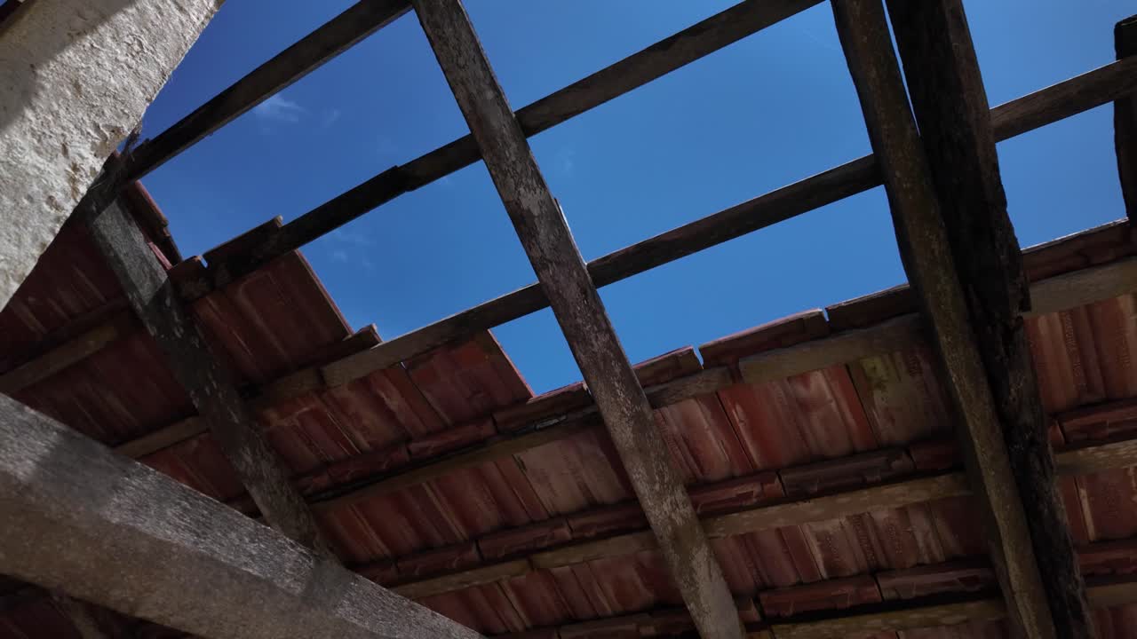 Broken roof abandoned house home hut on the beach of Sri Lanka, poor developing country