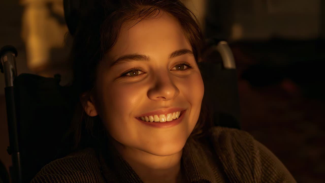 Smiling woman in wheelchair reacting to off-frame left light in brown shirt tilting head in lounge