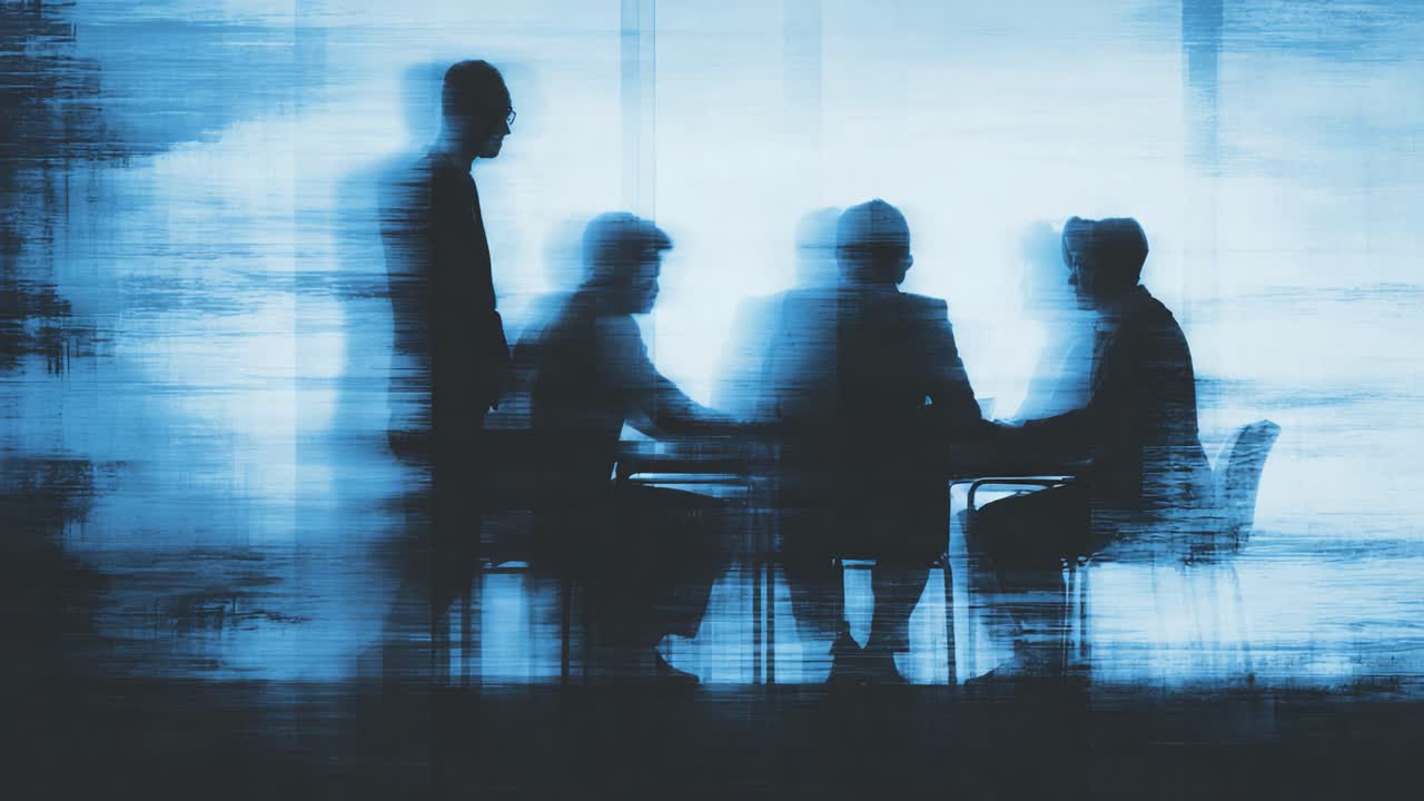 Engaging Team Discussion: Silhouetted Figures Engaged in a Dynamic Meeting Amidst a Blurred Background Reflecting Collaboration and Ideas Exchange