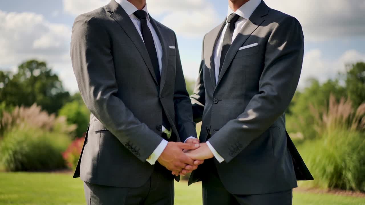 Çimenlik bir alanda, gri takım elbiseli iki adam ilk tokalaşmanın ardından kenetlenmiş ellerini tutarak duruşlarını değiştiriyor.