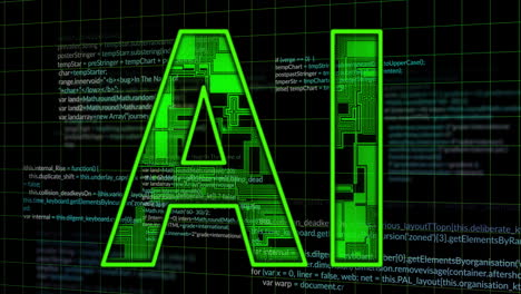 Animation of ai text and digital data processing over black background