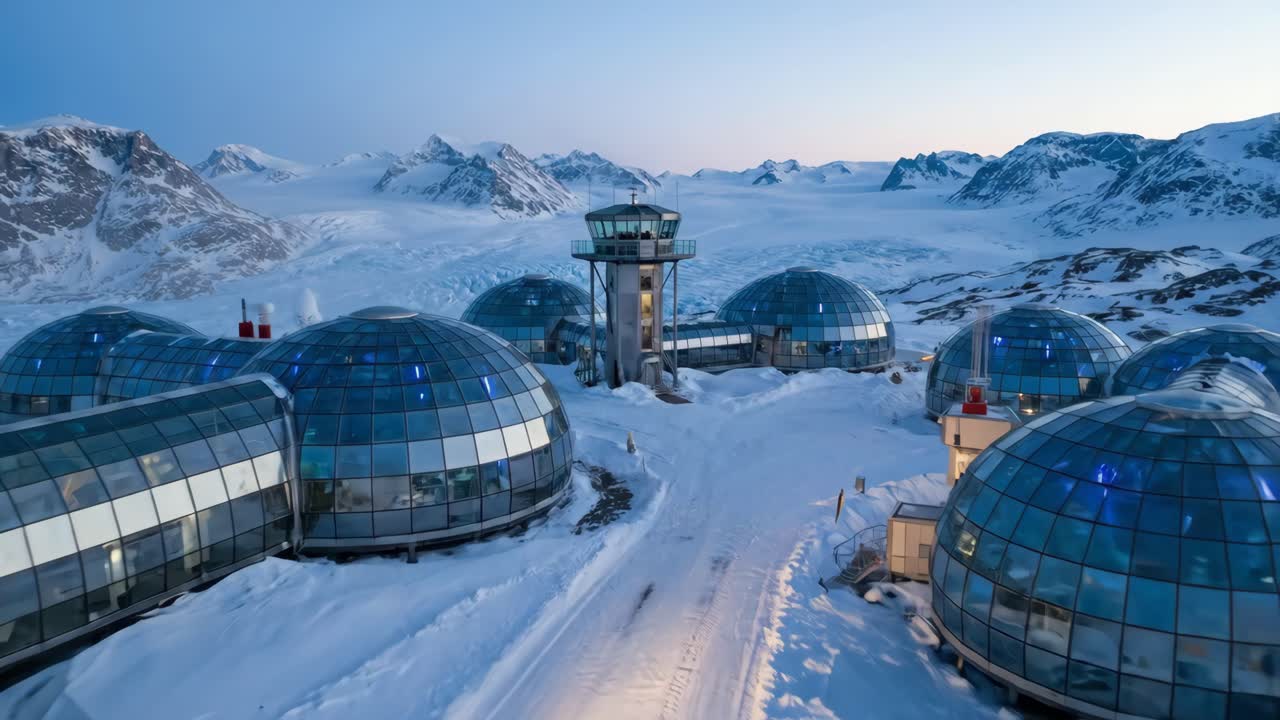 Aerial View of Futuristic Dome Research Station in Snowy Arctic Mountains