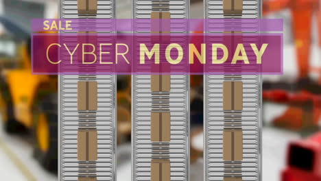 Animation-of-cyber-monday-text-over-cardboard-boxes-on-conveyor-belts-in-warehouse