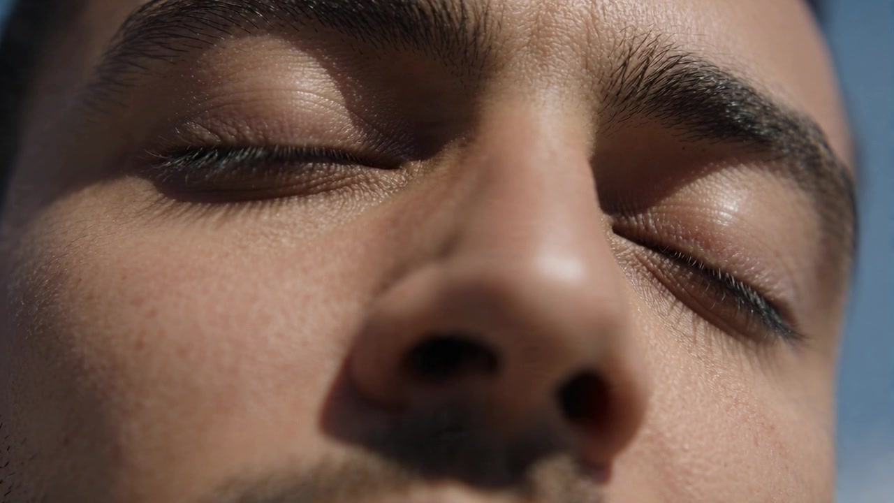 Primer plano de un rostro masculino mostrando espasmos en los párpados cerrados, respirando mientras descansa bajo un cielo azul.