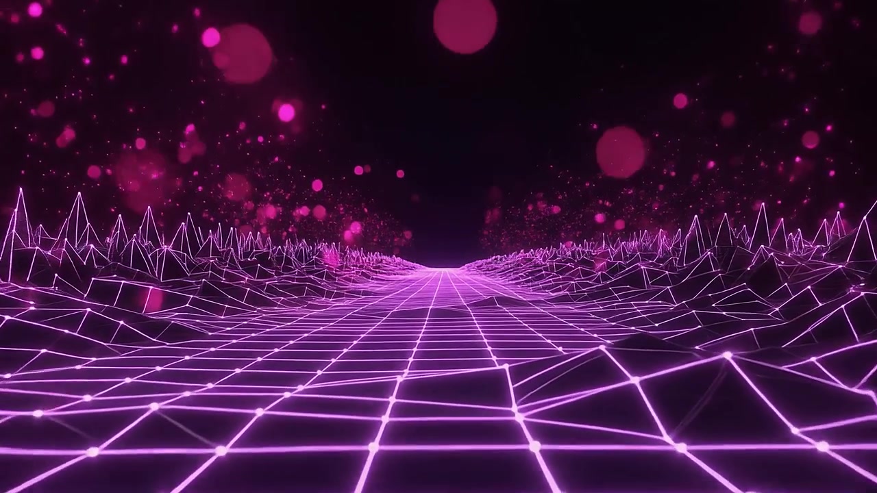 Griglia Digitale Futuristica con Luci al Neon Rosa e Particelle