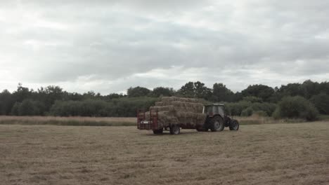 Tractor-with-trailer-of-hay-bales-in-wheat-field