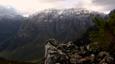 Snowy-mountains-of-Mont-Rochelle,-Franschhoek-South-Africa,-static-shot