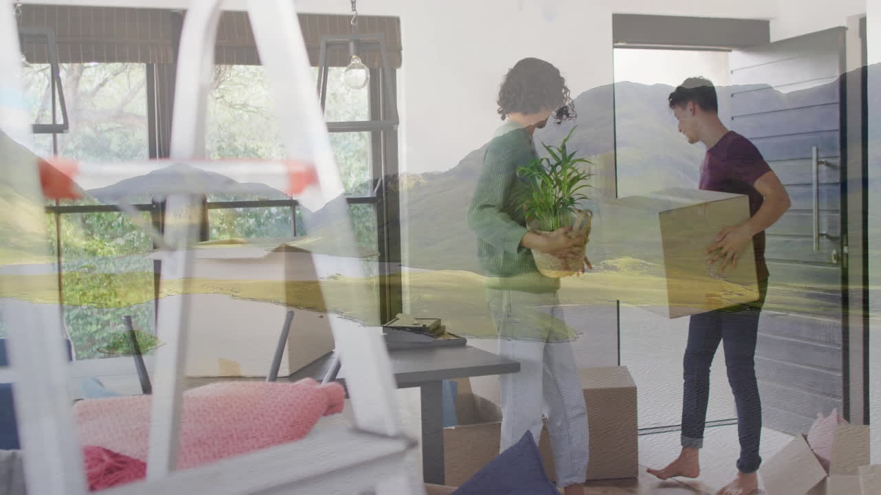 Couple moving boxes and plant over scenic mountain landscape animation