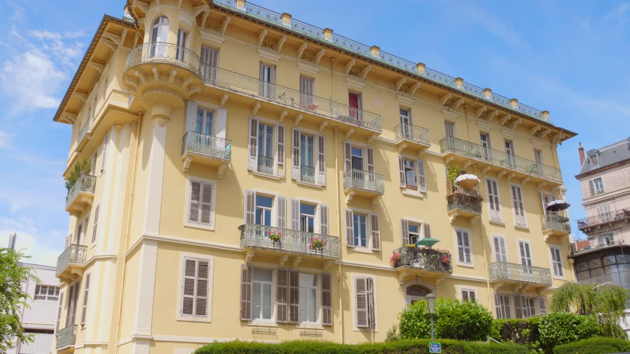 Footage of Old town with belle epoque architecture in Aix-les-Bains, France during daytime. 4k. Summer.