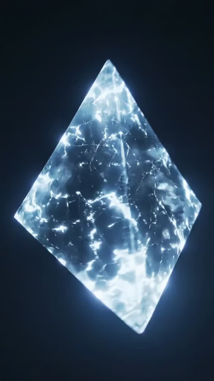 Vertical video: Glowing crystal cracking shards rushing camera rejoining into spiky spire in void