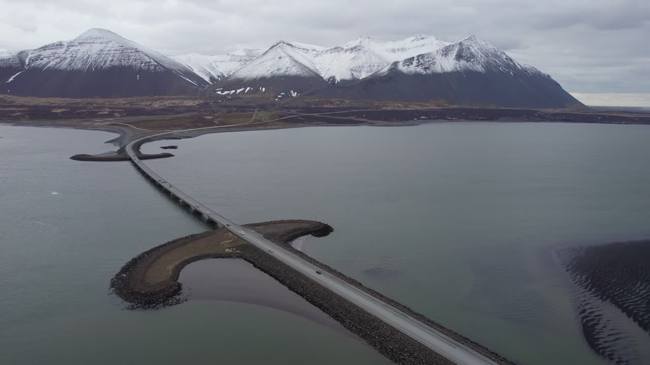 Flying above the Viking sword bridge towards Snaefellsnes Peninsula Iceland
