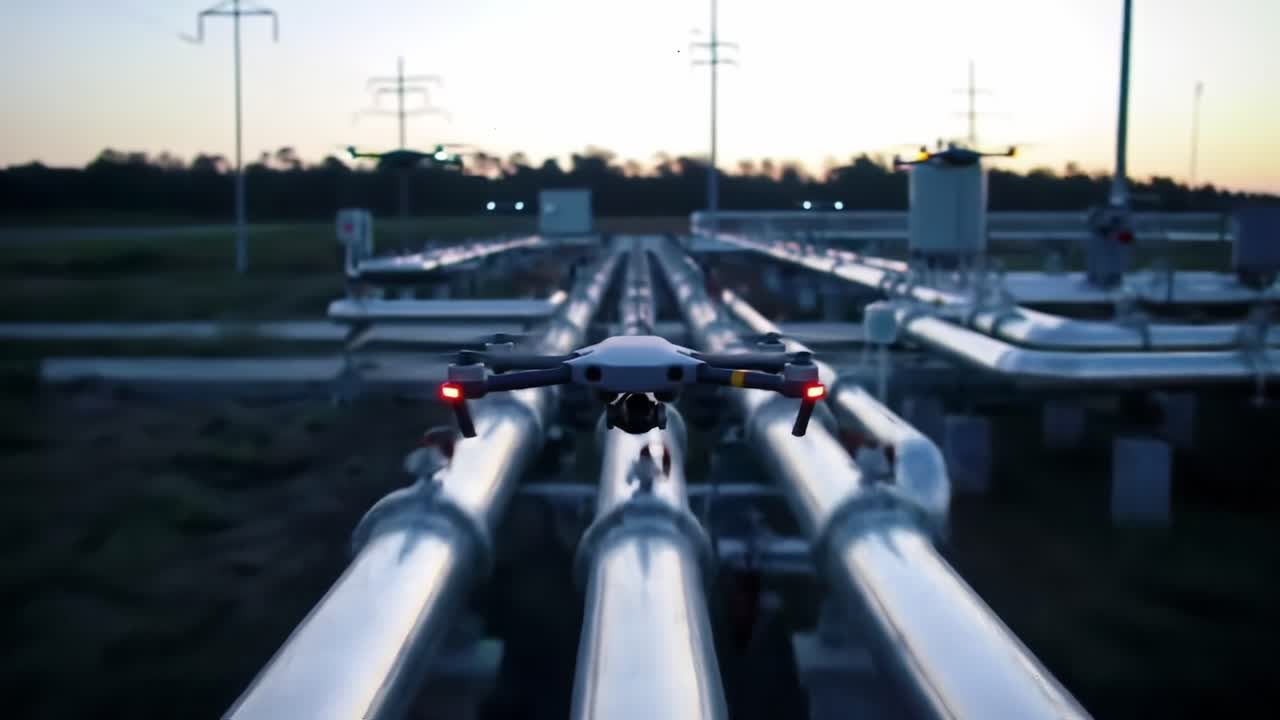 Drone Exploring Extensive Pipeline Network at Dusk in Utility Area
