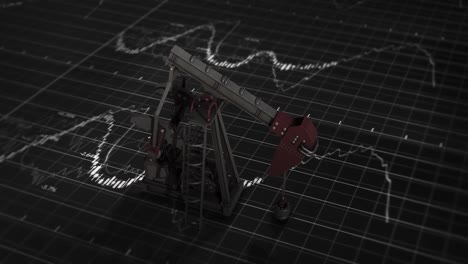 animation of oil pump working over financial data processing and grid on black background