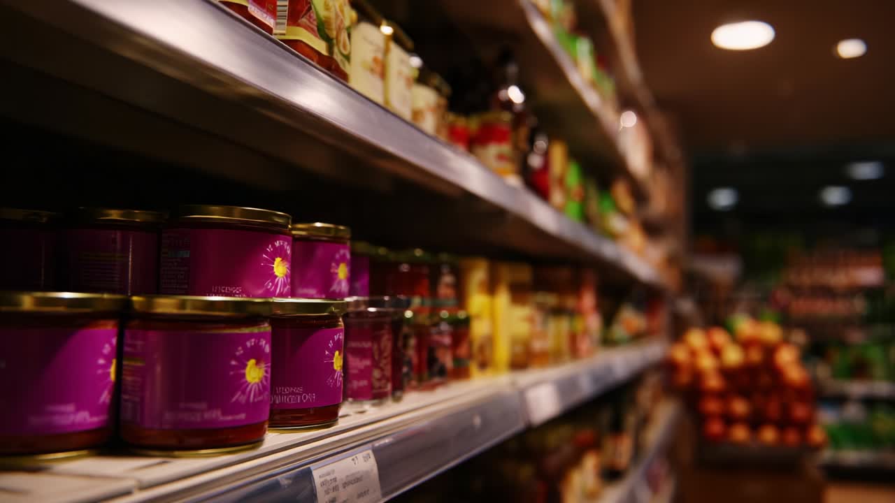 A Captivating Display of Colorful Jars and Groceries on Supermarket Shelves, Showcasing a Variety of Products in an Organized and Inviting Retail Environment, Perfect for Shoppers Seeking Fresh Ingredients and Unique Flavors