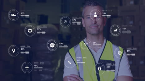 animation of data processing against portrait of caucasian male worker smiling at warehouse