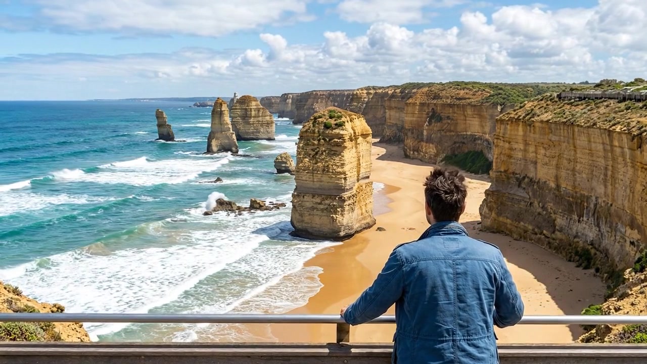 Uomo che ammira i faraglioni dei Dodici Apostoli sulla Great Ocean Road