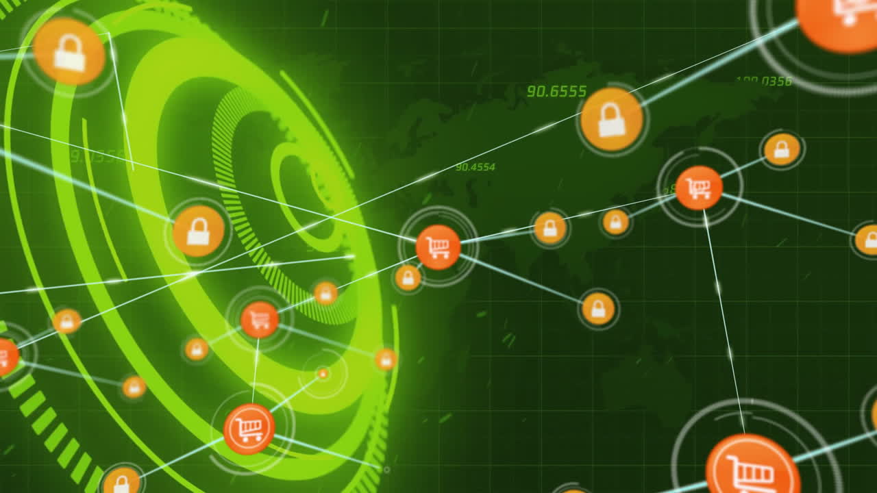 Animation of shopping cart and lock icons on digital network world map background