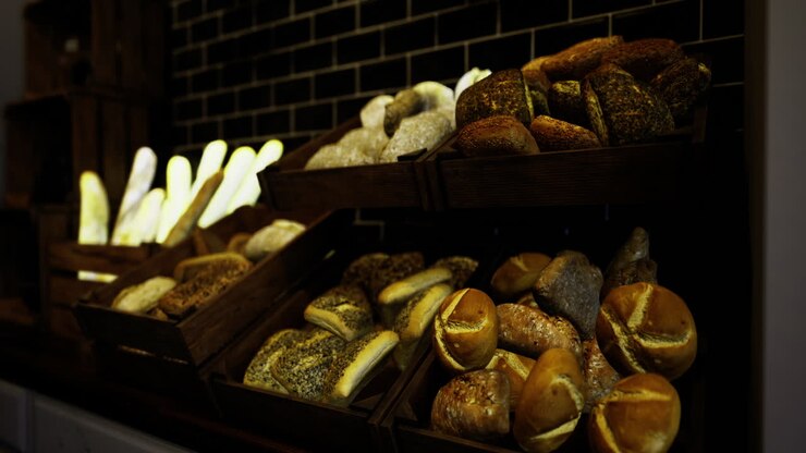 Fresh bread displayed on wooden racks in a bakery setting