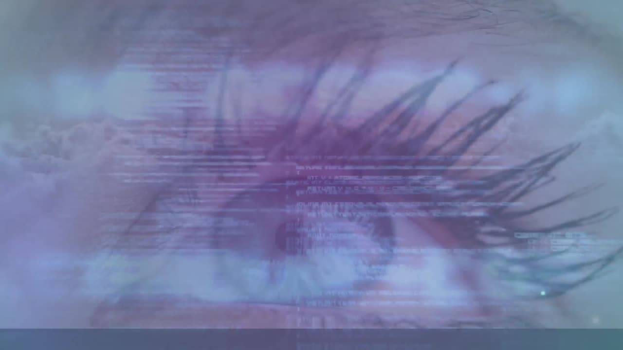 Animation of data processing over woman's eye in background