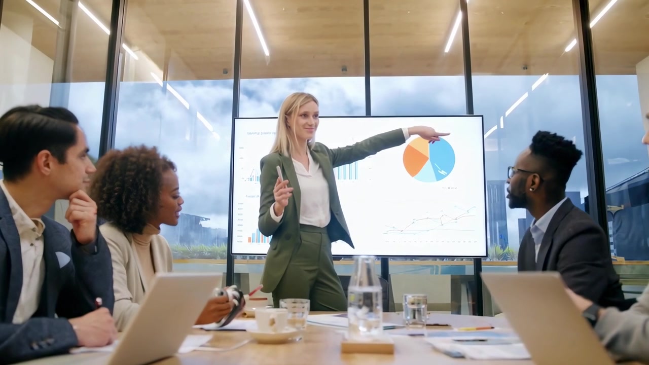 Businesswoman Presenting Data and Charts to Diverse Team in Modern Office