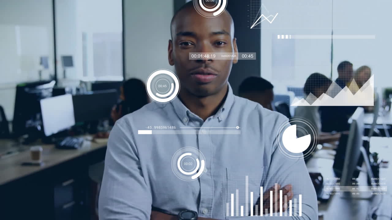Animation of financial data processing over african american businessman in office