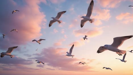 a mesmerizing scene of seagulls soaring gracefully through a colorful sunset sky, showcasing their elegance and freedom amidst the vibrant clouds and serene atmosphere