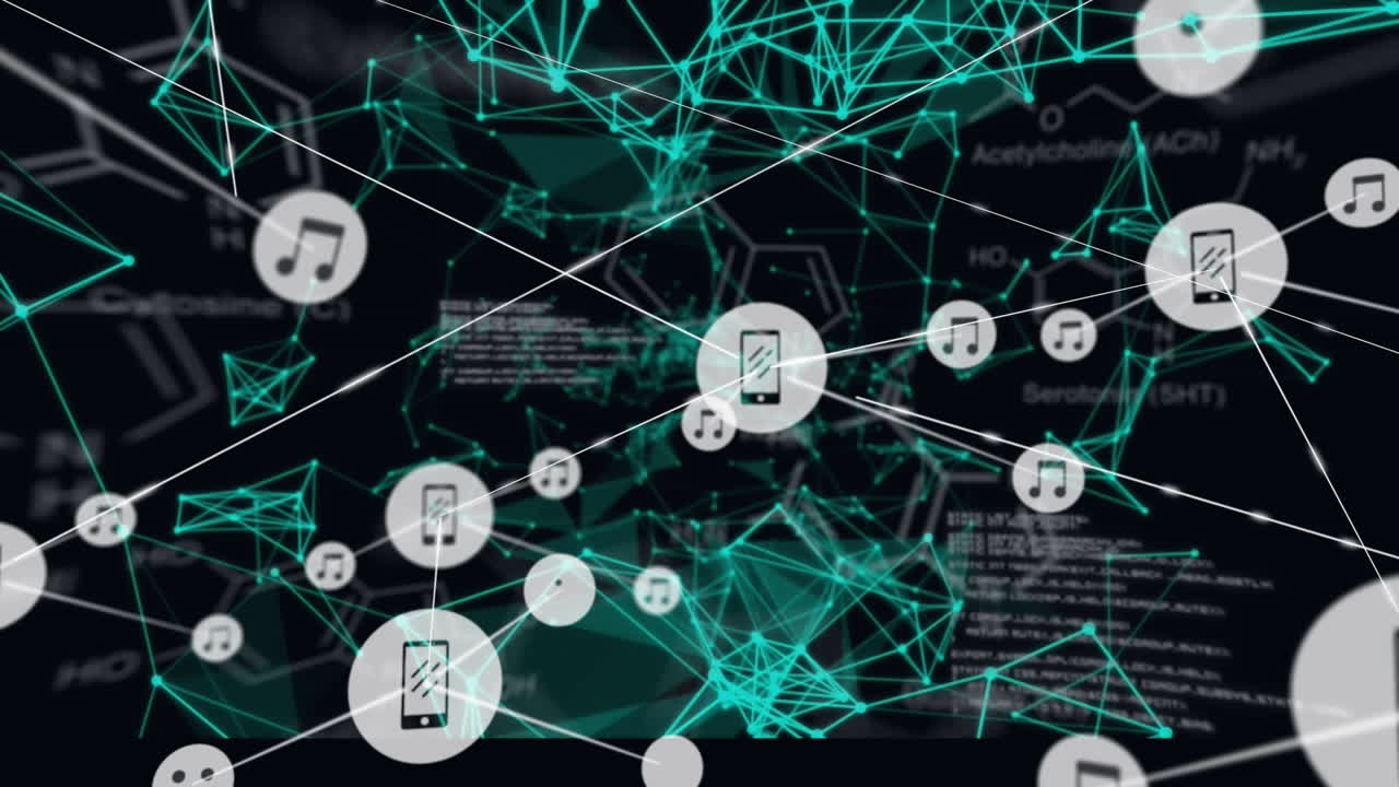 animación de la red de iconos digitales, redes de plexus y procesamiento de datos contra un fondo negro.