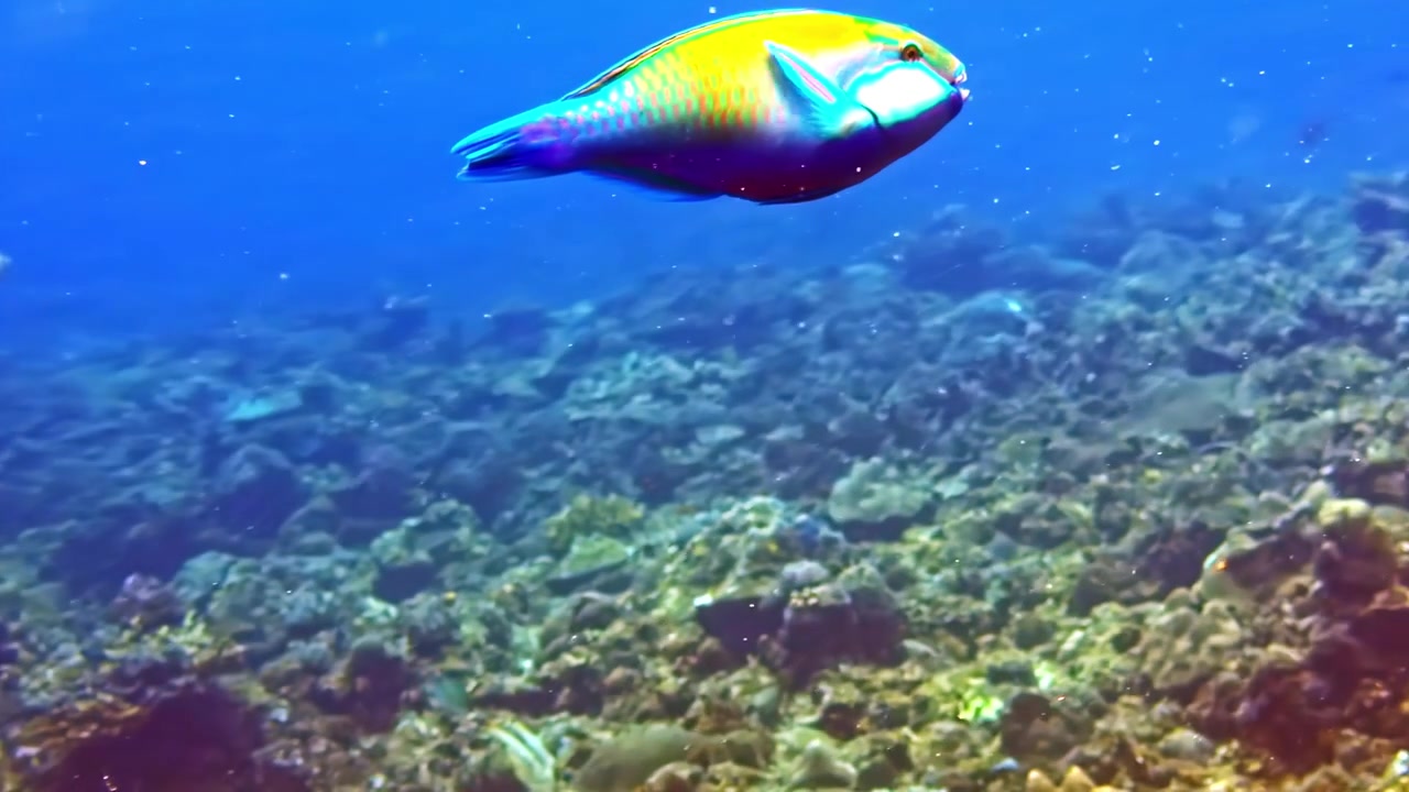 Un pesce pappagallo colorato scivola su una barriera corallina, accompagnato da pesci più piccoli. L'acqua blu limpida esalta la scena vivida, perfetta per documentari sulla vita marina o contenuti educativi.