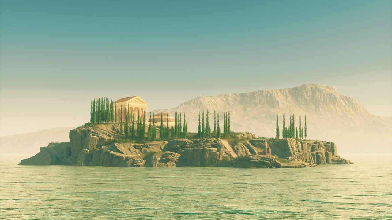 Island with architectural structure surrounded by calm waters at sunset