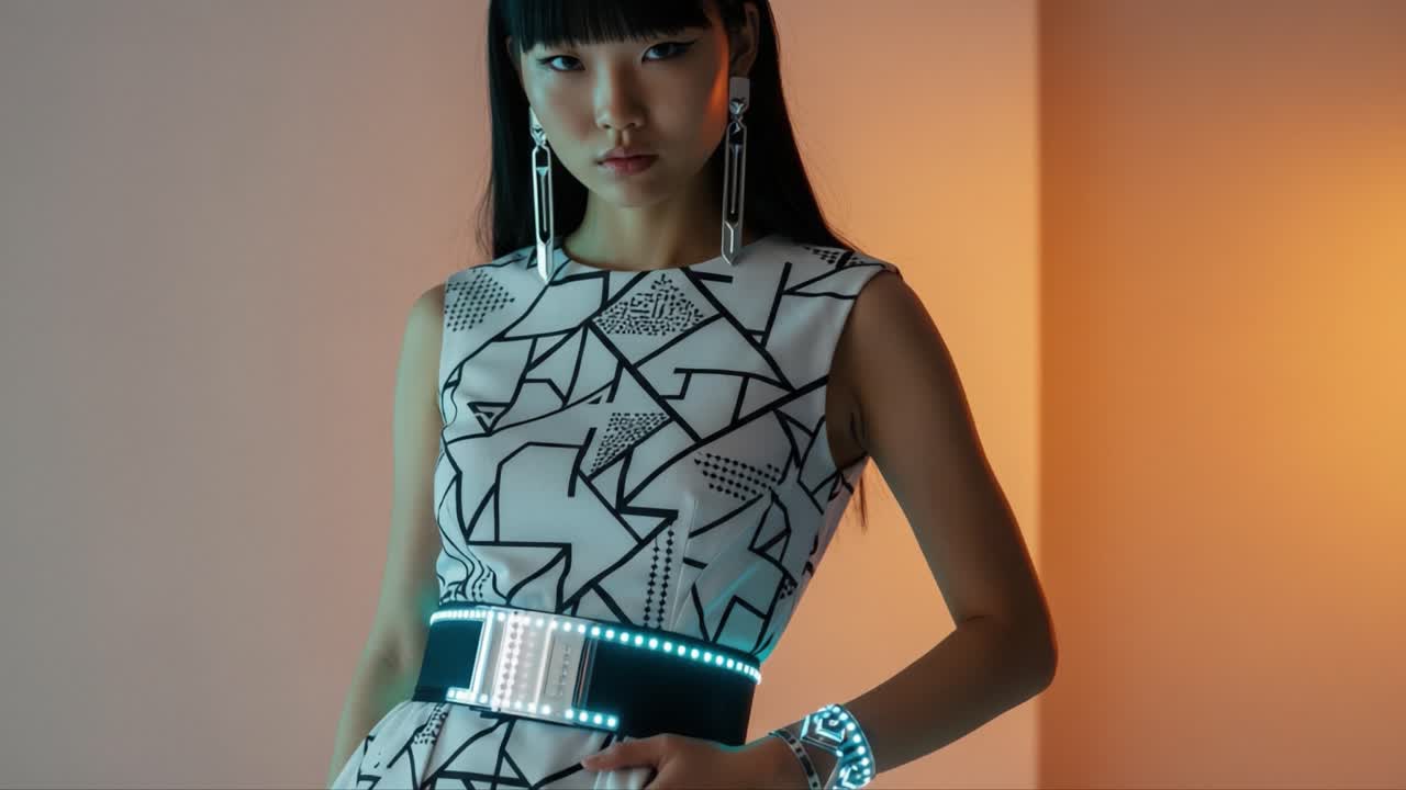 Elegant Fashion Shoot Featuring a Model in a Graphically Designed Dress with LED Accents and Chic Accessories in a Stylish Indoor Setting