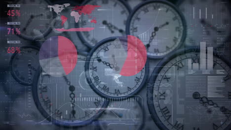 animación del procesamiento de datos y diagramas sobre relojes móviles