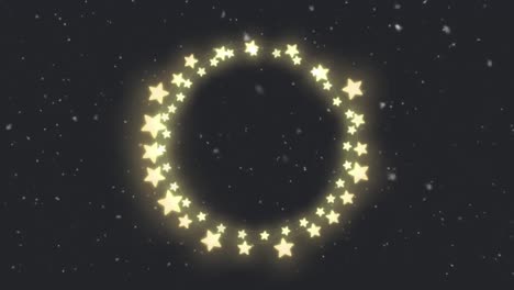 animation of circle of glowing star christmas fairy lights over falling snow, on black