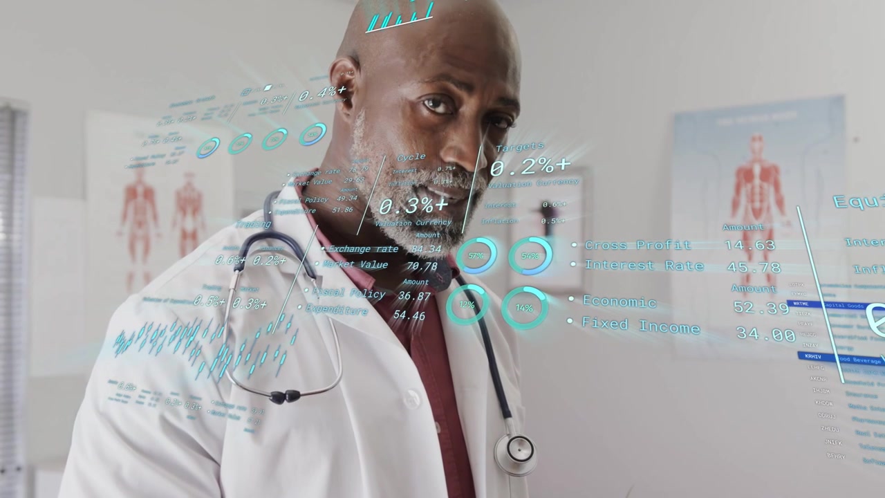 Male doctor focusing tablet, causing holographic health charts, scanning vitals, making eye contact