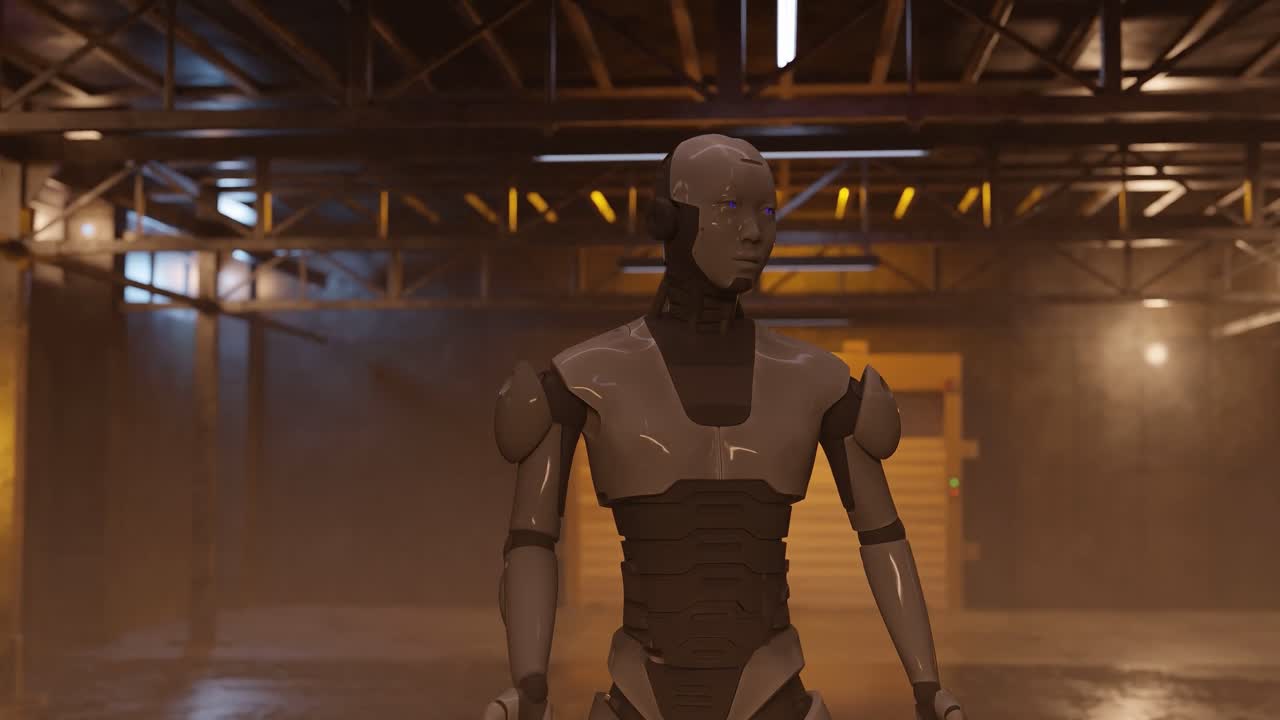 Humanoid robot standing in empty industrial warehouse with warm orange lighting. 3D rendering of artificial intelligence and robotics technology. Future automation and cybernetic system concept