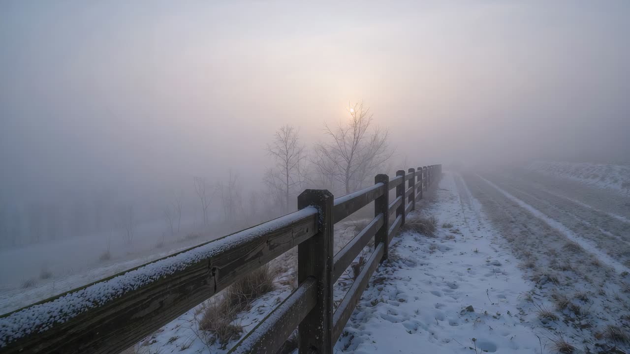 Panning camera along snow-dusted wooden fence at foggy road, revealing tire tracks and sunlit trees