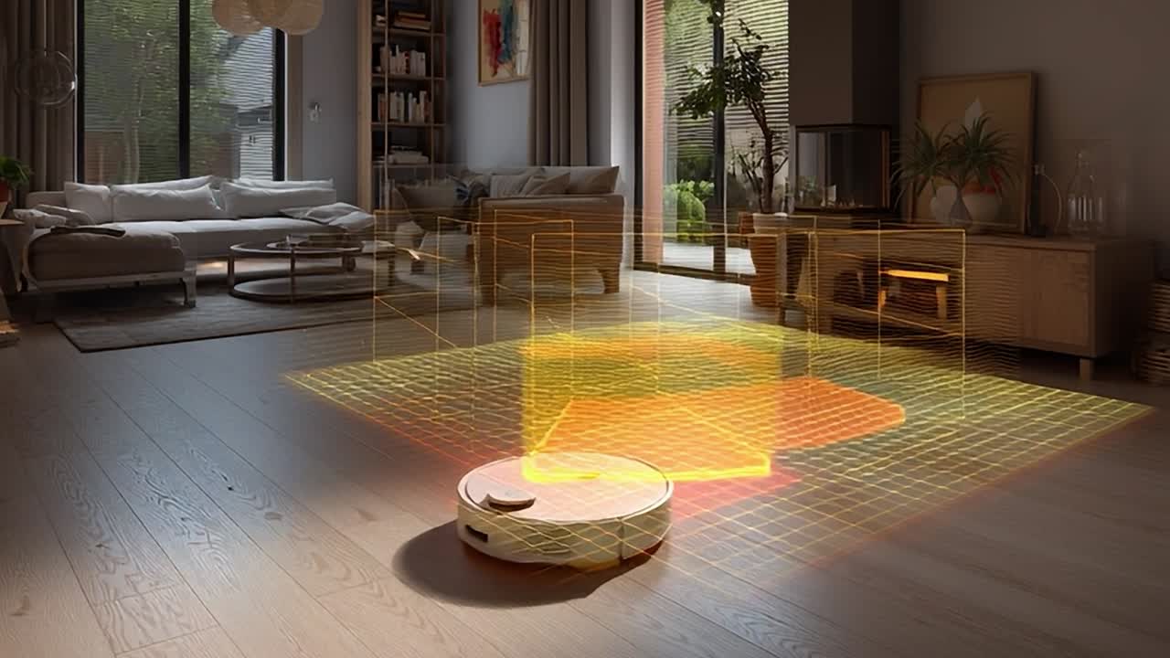 Robotic vacuum cleaner mapping a modern living room during the day