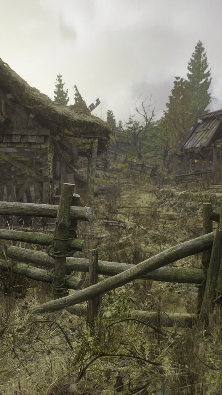 Abandoned village in a misty forest reveals natures reclaimed beauty in autumn