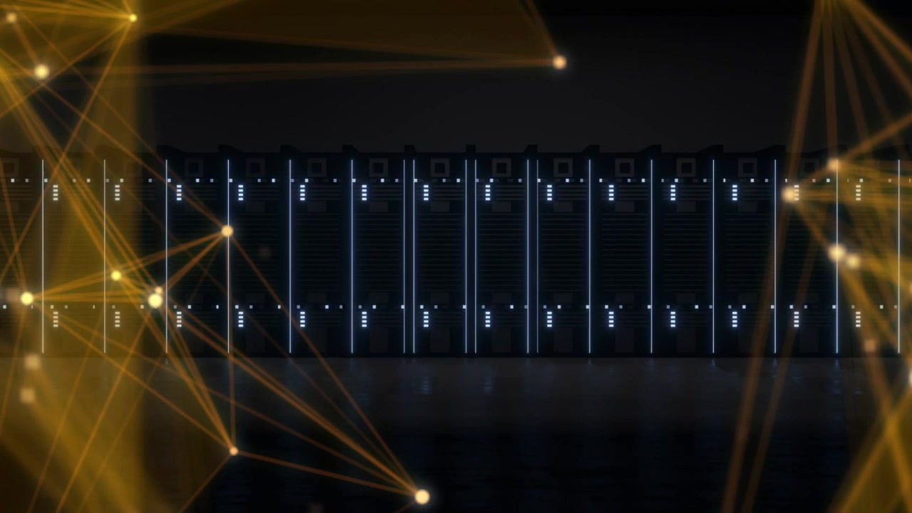 From frame seven golden lines entering left, spreading mesh and showing data across server racks