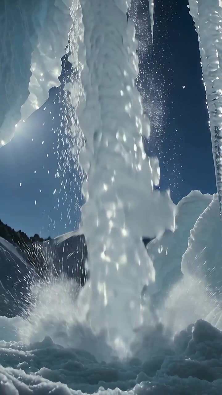 Video vertical: Carámbano alto derritiéndose, goteando, desprendiéndose y colapsando en una cueva alpina con el sol provocando salpicaduras