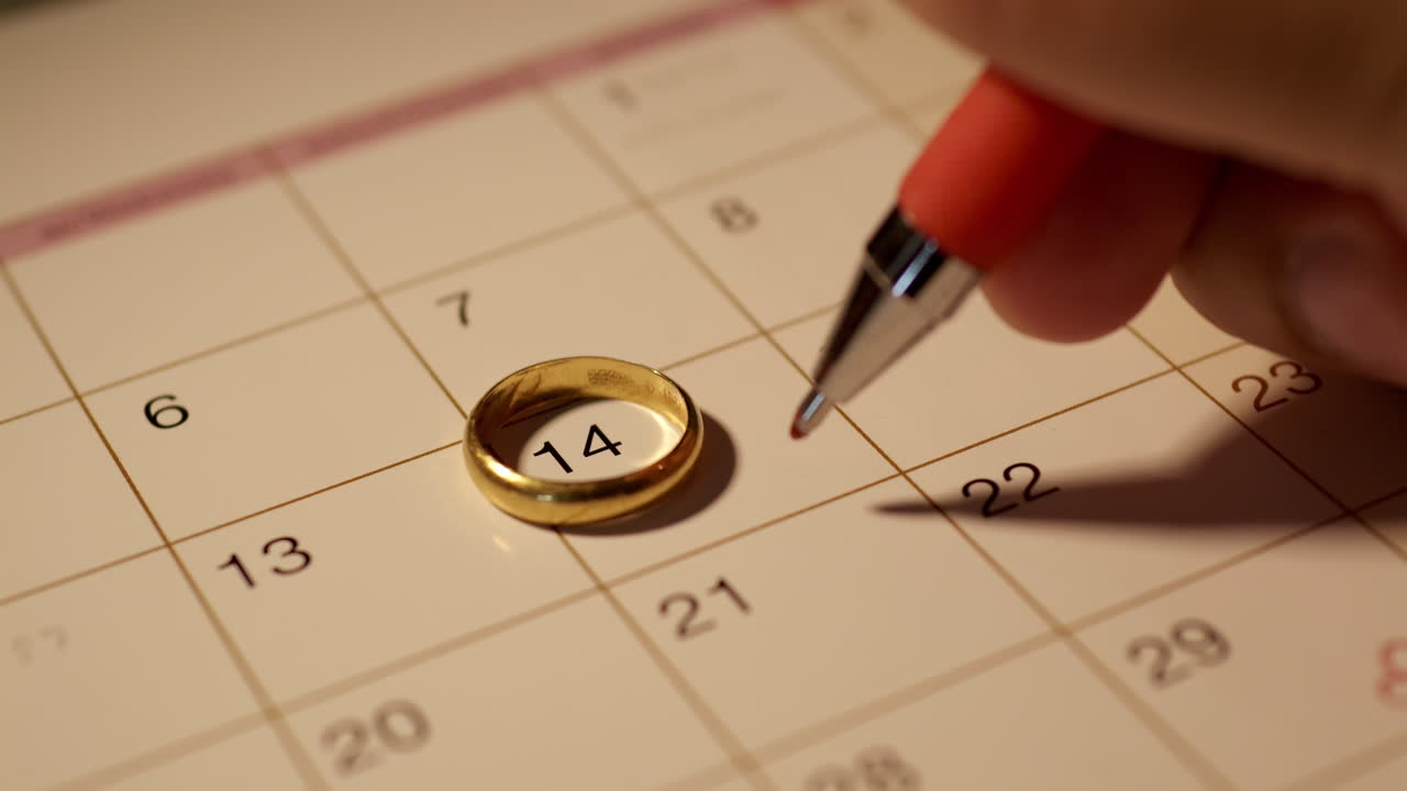 marcando el decimocuarto mes de febrero en el día de san valentín y colocando un anillo en la parte superior del calendario