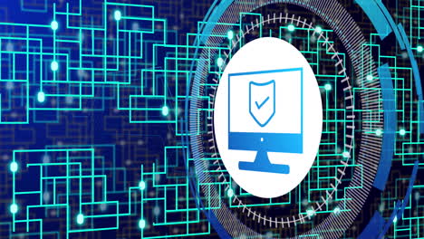 animación de una placa de circuitos informáticos con procesamiento de datos e icono digital con escudo de seguridad