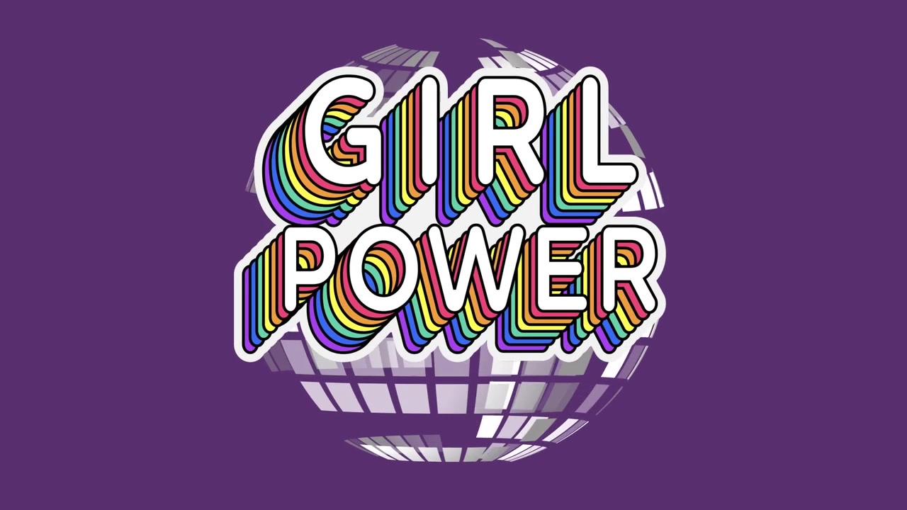 Digital animation of rainbow girl power text banner over abstract globe on purple background