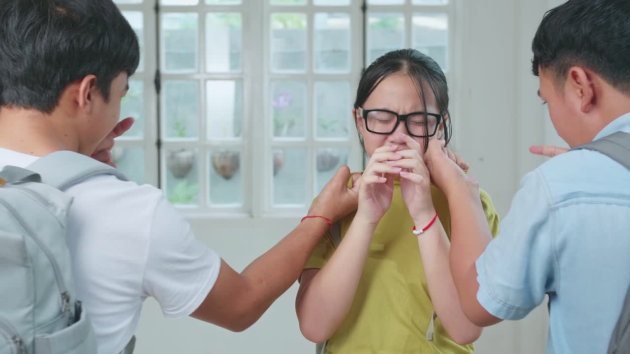 Young Asian Boys Attacking Caucasian Girl In Glasses, Bullying
