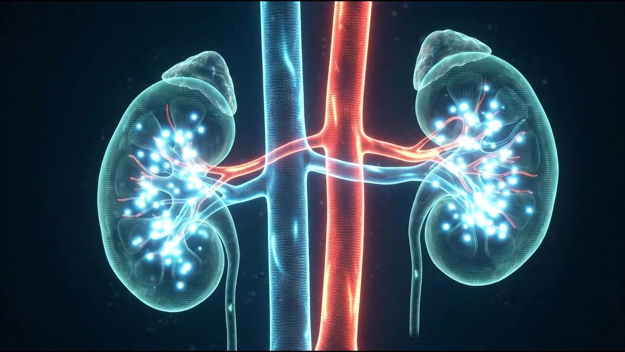Pair of glowing blue 3D kidneys with vascular connection
