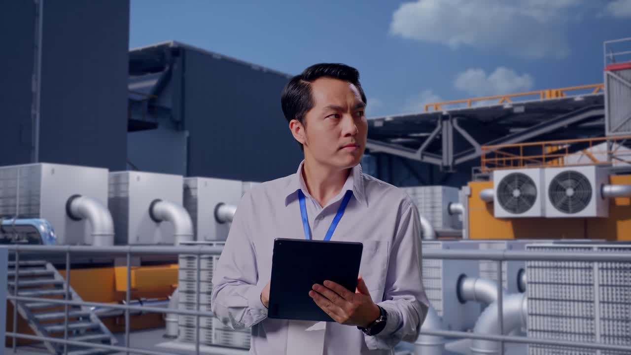 Asian Male Professional Worker Standing With His Tablet, Worker Inspecting Rooftop HVAC Units, He Observes By Looking Around Before He Come To Concentrating With His Tablet