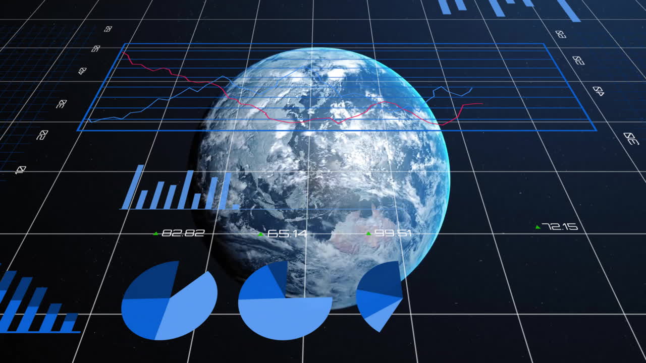 Animation of financial data processing over globe