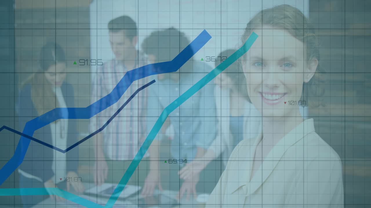 Team lead standing at table watching grid overlay appearing and graphs drawing business data trends