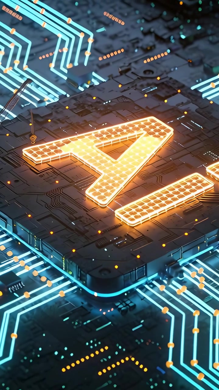 Vertical video: Pulling back camera revealing AI letters on PCB, cyan paths pulsing showing signals