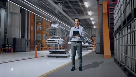 cuerpo lleno de un trabajador profesional masculino asiático de pie en una fábrica de automóviles ev, instalación industrial de alta tecnología, escribiendo en el teclado de la tableta con pantalla verde y mirar la fábrica una vez
