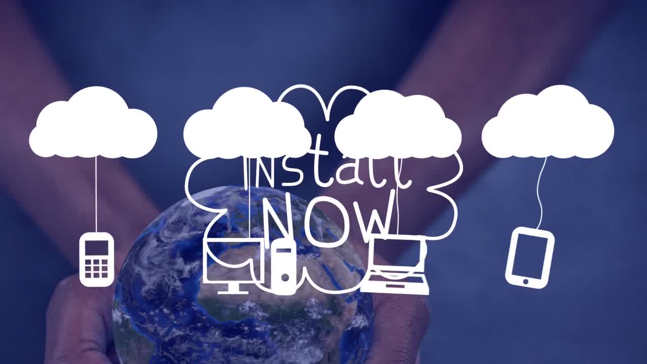 구름과 디지털 아이콘의 애니메이션이 배경으로 회전하는 지구 위에 있습니다.